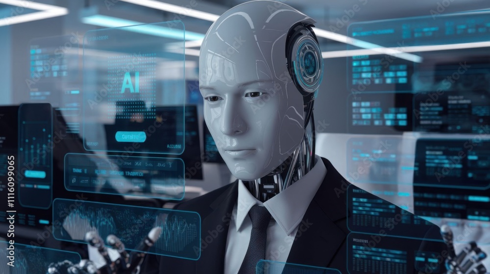 Poster a humanoid robot in a business setting, surrounded by digital interfaces displaying ai data.