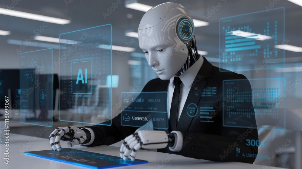 Poster a humanoid robot in a suit interacts with digital interfaces, showcasing ai technology.