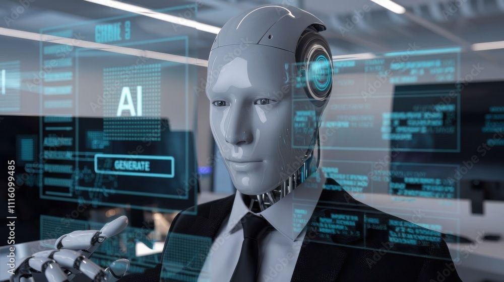 Poster a humanoid robot in a suit with digital interfaces, symbolizing ai technology.