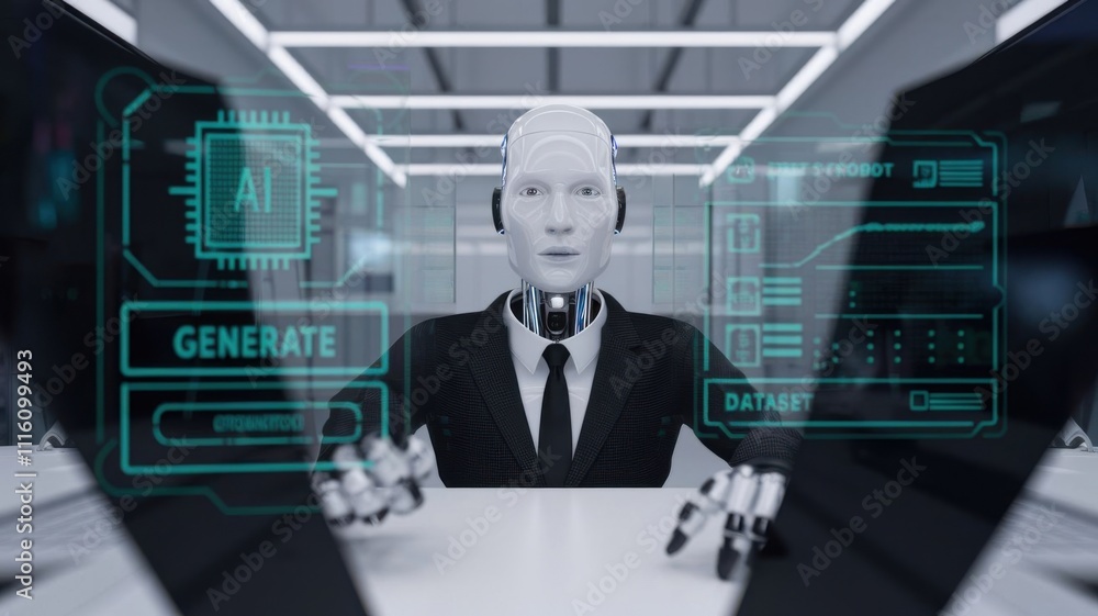 Poster a humanoid robot in a suit interacts with digital data displays in a high-tech environment.