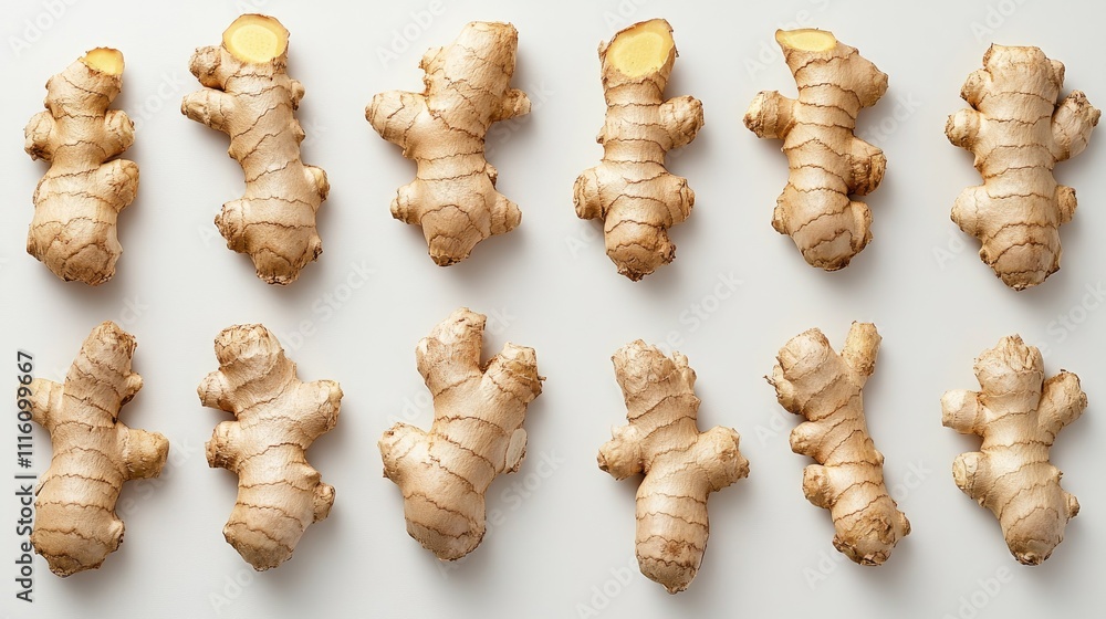 Poster fresh whole ginger roots arranged creatively on a light background showcasing their unique shapes an