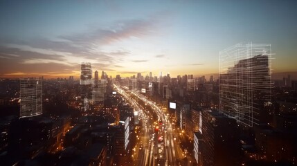 Fototapeta premium A city skyline at sunset with illuminated buildings and busy streets.