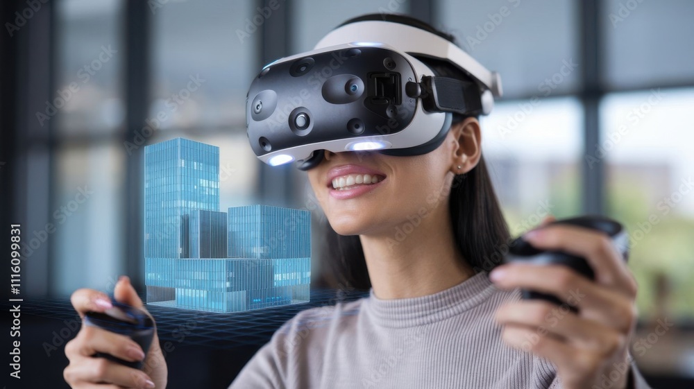 Poster a woman using virtual reality headset with controllers, interacting with 3d building models.