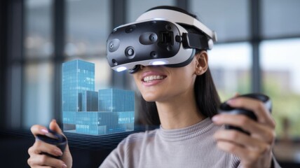 A woman using virtual reality headset with controllers, interacting with 3D building models.