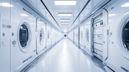 Naklejka premium A clean, modern laundry facility with rows of washing machines and dryers in a bright corridor.