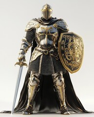 A detailed armored knight holding a sword and shield, ready for battle.