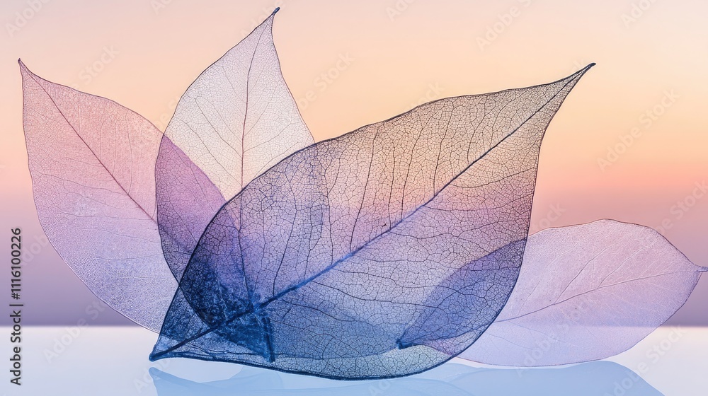 Poster delicate translucent leaves layered against a soft gradient background showcasing intricate vein str