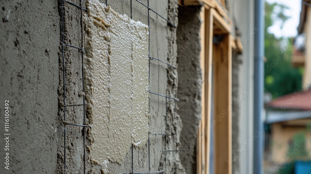 Poster plastering process applying mixture on wall corners for smooth finish in construction site with focu