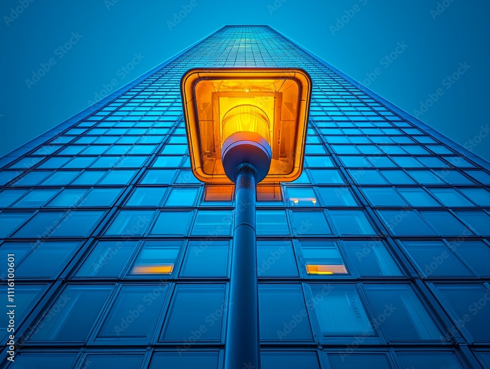Poster striking view futuristic skyscraper rises evening sky. reflective glass and sharp angles highlight m