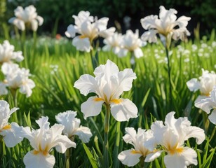 Macro shot of white iris flowers surrounded by lush green grass in a sunny summer garden, detail, countryside, sunny