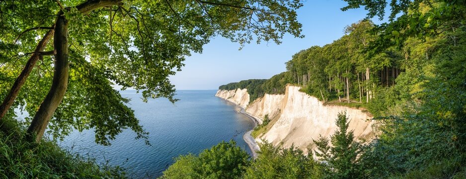 Panoramic view of the chalk cliffs and Jasmund National Park on the Island of R&uuml;gen, Mecklenburg-Western Pomerania, Germany	