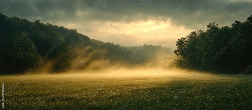 Poster misty landscape at dawn with ethereal light illuminating a serene field and surrounding forest in a 