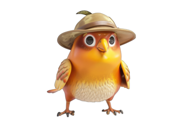 A cartoonish bird wearing a safari hat, exuding a playful and adventurous vibe. transparent background