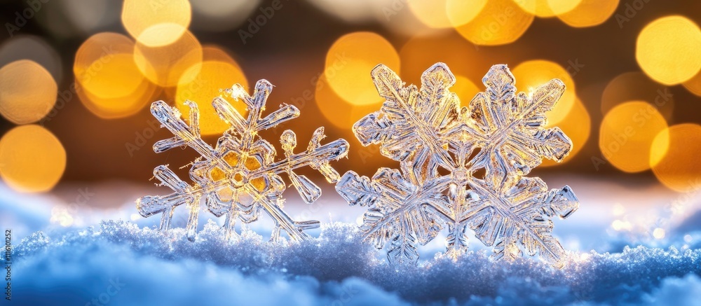 Poster intricate snowflakes resting on snow with bokeh lights creating a magical winter atmosphere for seas