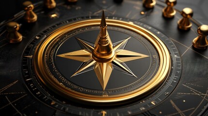Obraz premium A close-up of a golden compass on a detailed surface, symbolizing navigation and guidance.