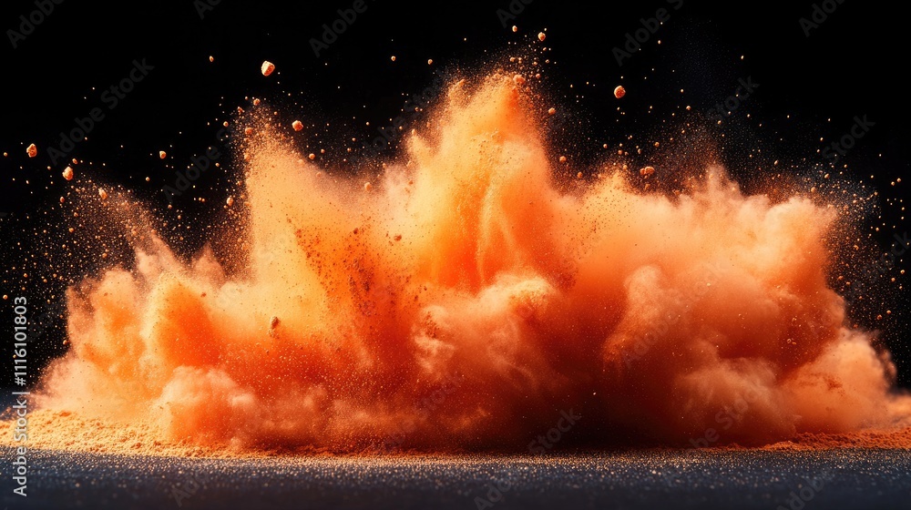 Poster vibrant orange powder explosion creating dynamic visual effects isolated on a black background for c