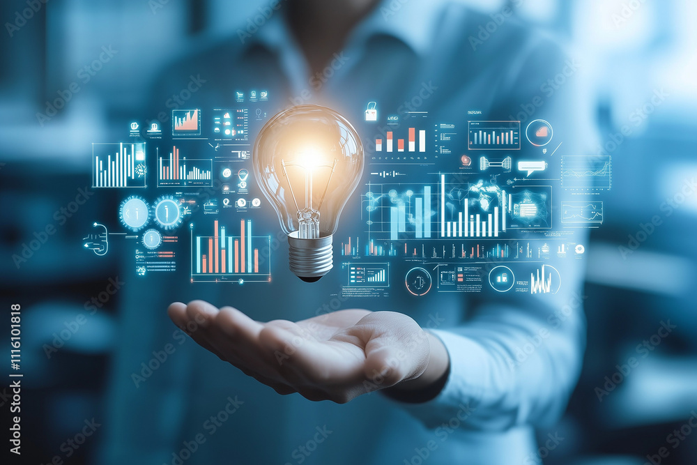 Poster glow lightbulb floating above a businessman’s hand, surrounded by futuristic icons and graphs