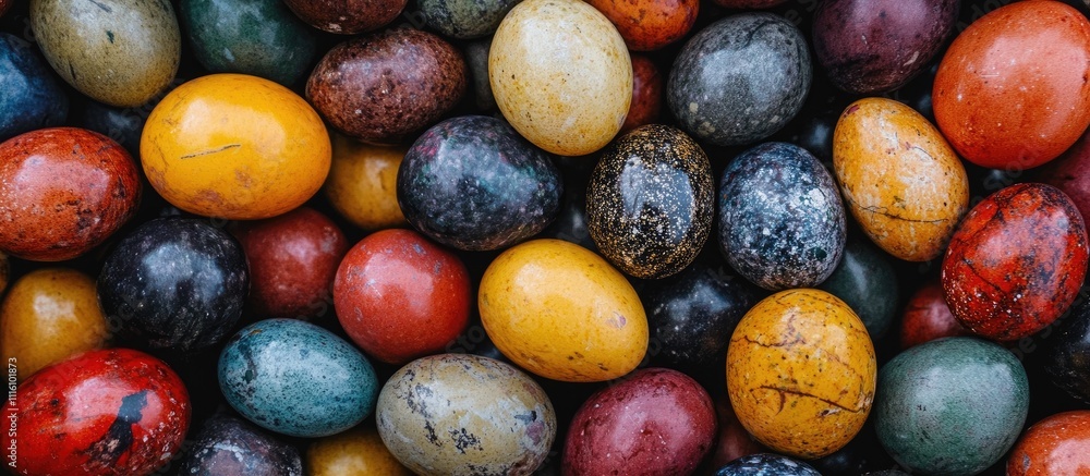 Poster Colorful closeup of assorted Easter eggs in various patterns and textures arranged on a flat surface for festive background decoration