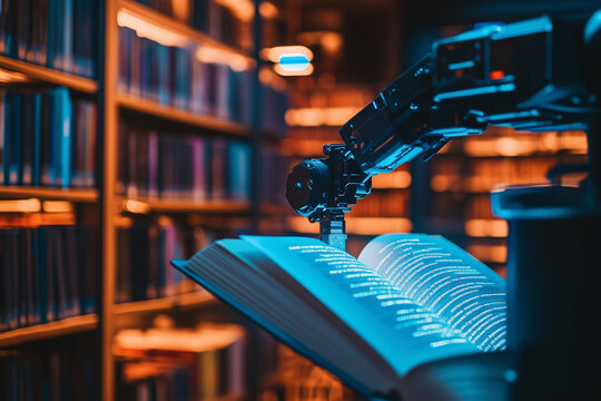 A robotic arm turning pages of a book, with holographic text projections in a spacious modern library, with copy space. Cool light. 