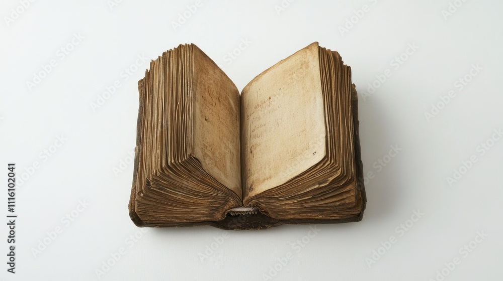 Poster open ancient book with yellowed pages displayed on a clean white background highlighting historical 