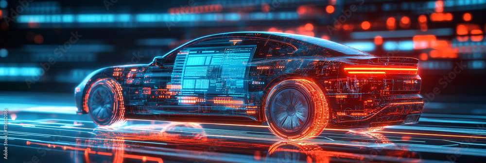 Poster a cyber car icon with a transparent digital dashboard overlay, showcasing real-time data analysis, w