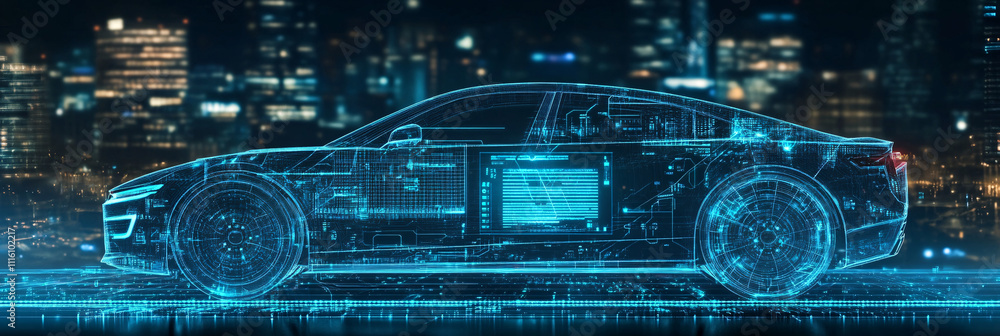 Poster a cyber car icon with a transparent digital dashboard overlay, showcasing real-time data analysis, w