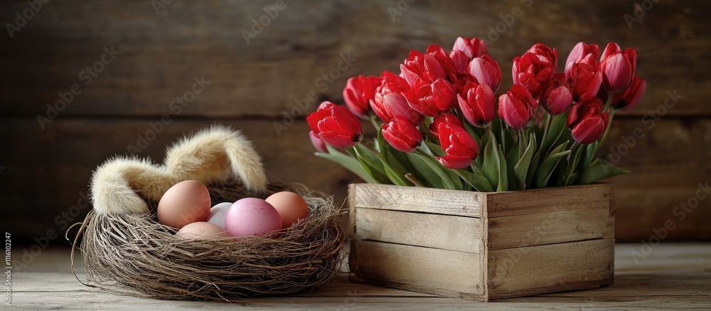 Poster spring floral arrangement with red tulips beside a nest of colorful eggs on a rustic wooden backgrou