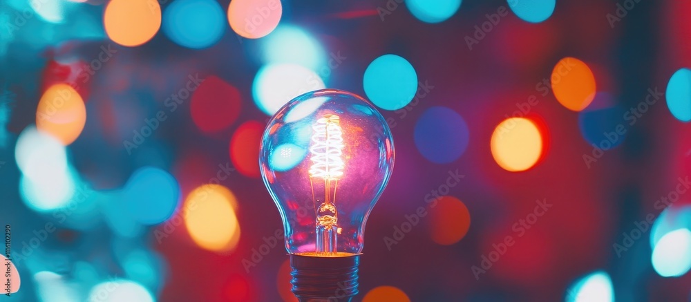 Poster Colorful light bulb with vibrant bokeh background creating a festive atmosphere at a party illuminating the scene beautifully