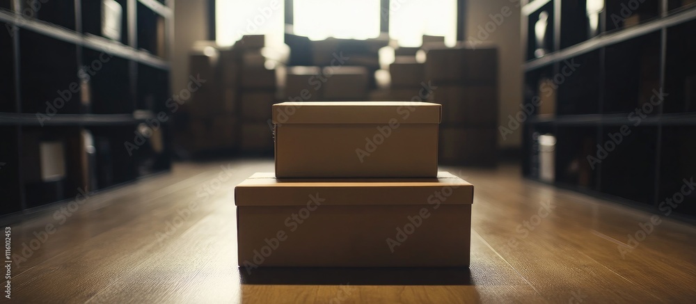 Poster gift boxes arranged on a wooden surface in a warm, rustic setting with dim lighting and soft focus o