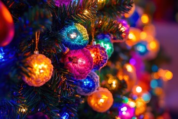 Close-up view of twinkling garlands amidst vibrant Christmas decorations