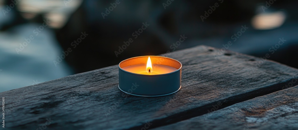 Poster Candle flame illuminating a rustic wooden table creating a serene and calming atmosphere for relaxation and reflection