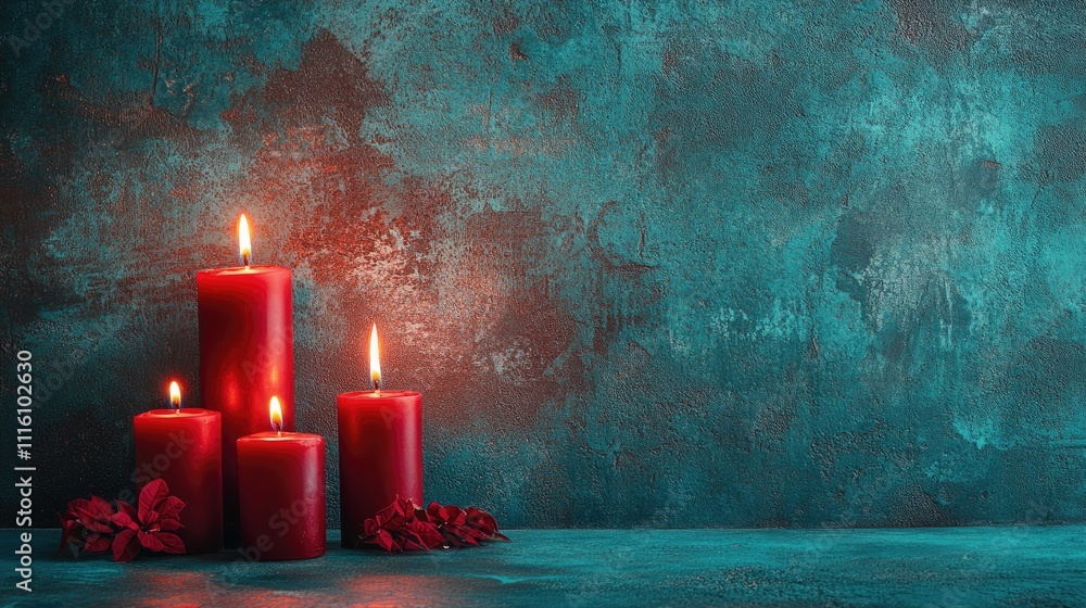 Poster Red burning candles against a blue textured background in a Scandinavian minimalistic style creating a serene Christmas still life atmosphere