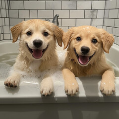 Two small dogs take a bath in the house.