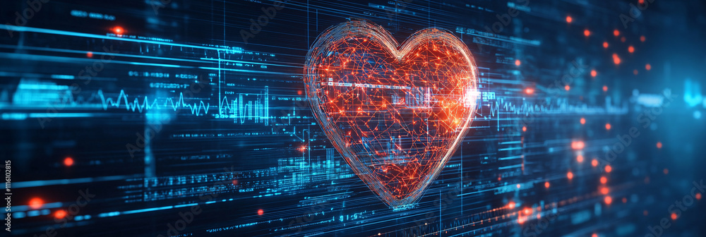 Poster a cyber heart icon pulsating with electric circuits, set against a digital health dashboard with rea