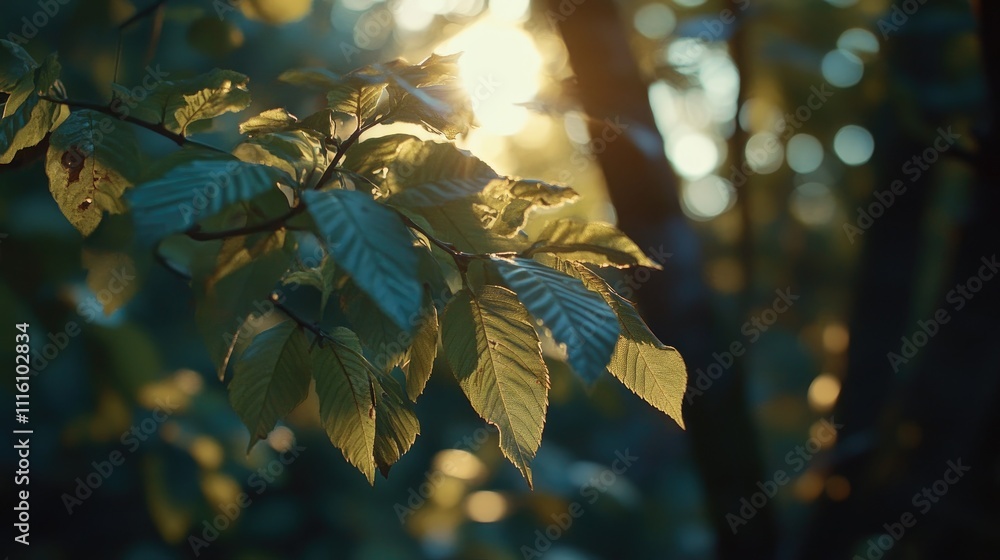 Poster close up of lush green leaves backlit by sunlight with a dreamy bokeh background creating a serene n