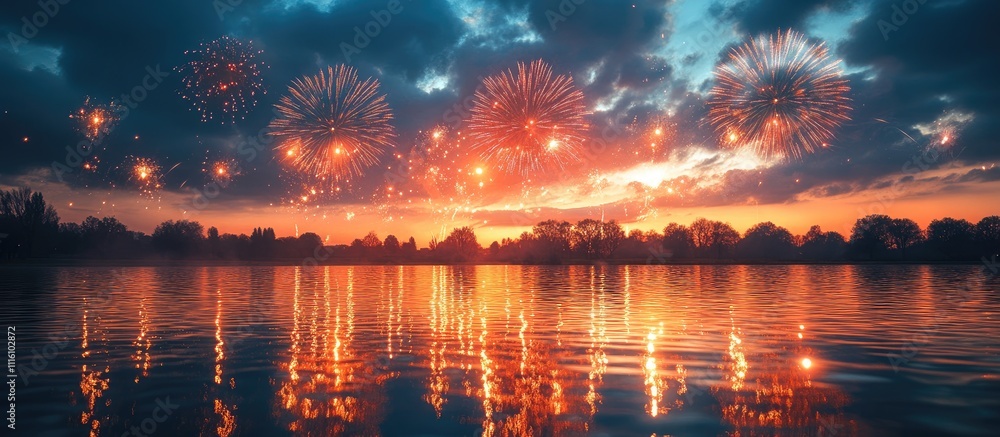 Aufkleber Vibrant fireworks display reflected in serene pond during twilight with colorful sky and silhouettes of trees in the background