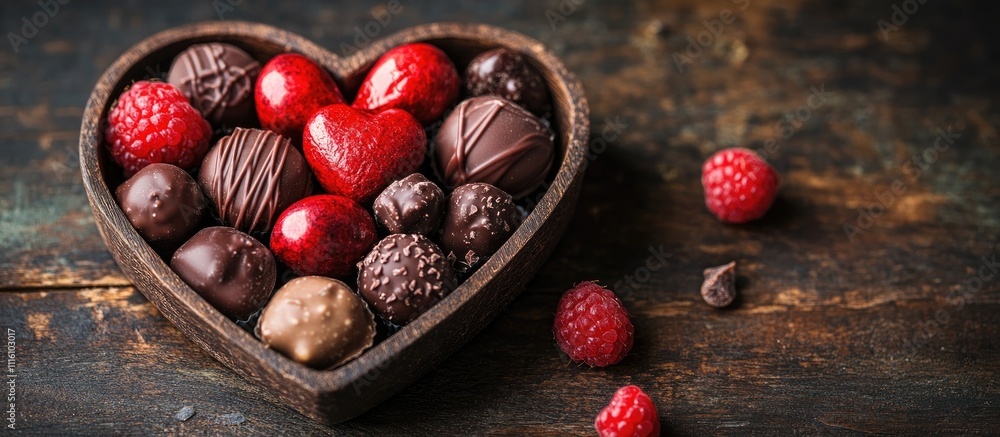 Poster assorted chocolates in heart-shaped box with red accents evoking love and affection on rustic wooden