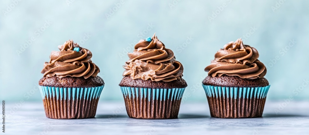 Poster Chocolate cupcakes with rich frosting arranged in a row against a soft pastel backdrop ideal for dessert and bakery themes