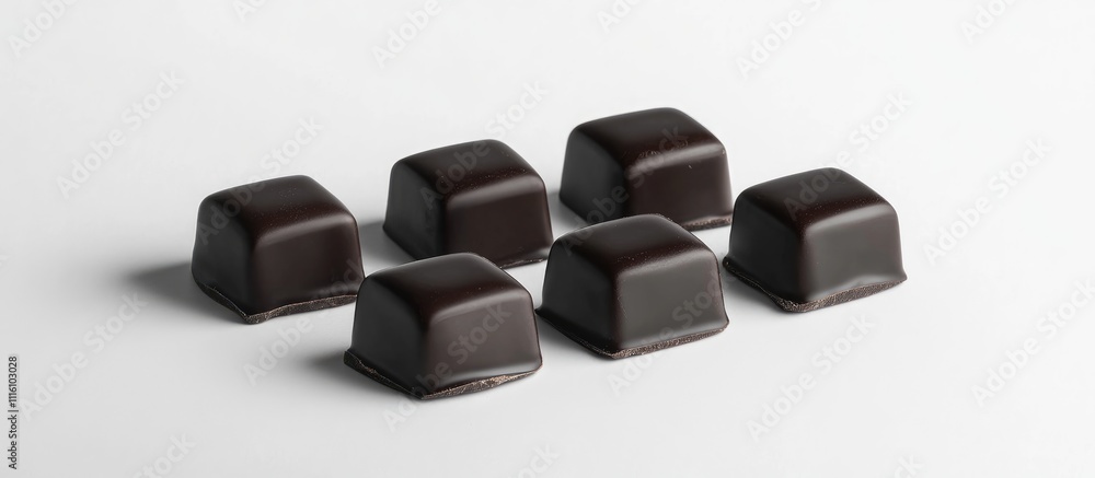 Poster assorted dark chocolate cubes arranged on a clean white background for culinary and dessert presenta