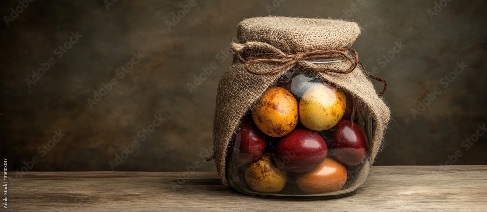 Poster chocolate eggs in a rustic jar showcasing classic easter treats with a burlap accent on a wooden tab