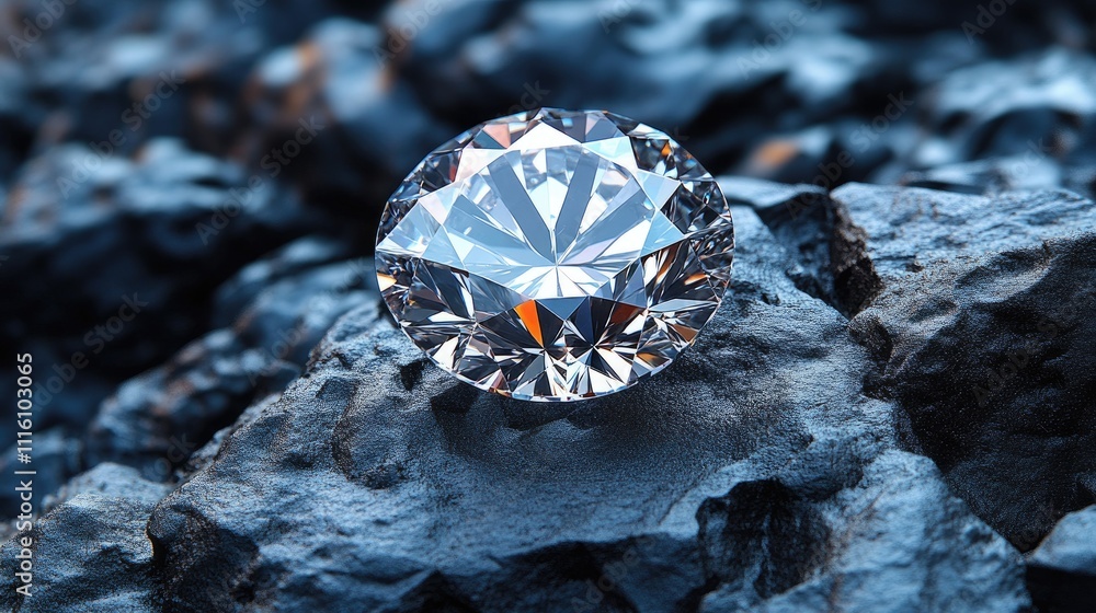 Poster close up of a brilliant polished diamond resting on textured black rock with a dramatic contrast and