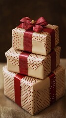 Obraz premium Decorative stacked gift boxes with red ribbons and polka dots for celebrations