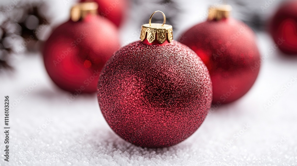 Poster red christmas ornaments with a sparkling finish arranged on a snowy white background creating a fest