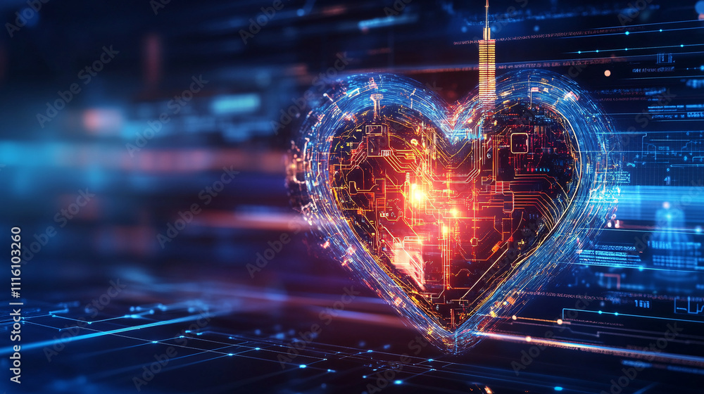 Poster a cyber heart icon pulsating with electric circuits, set against a digital health dashboard with rea