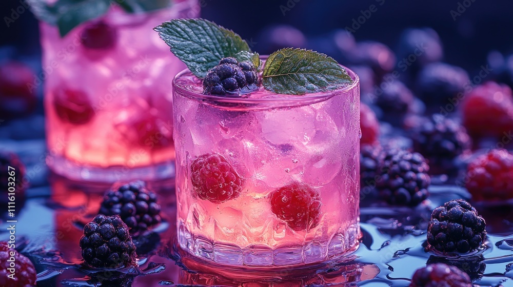 Poster vibrant raspberry blackberry cocktail with mint leaves garnished in a reflective setting showcasing 