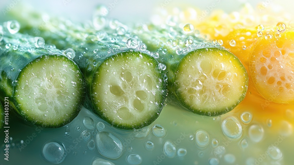 Poster fresh sliced cucumbers with water droplets showcasing vibrant green colors and textures on a light b