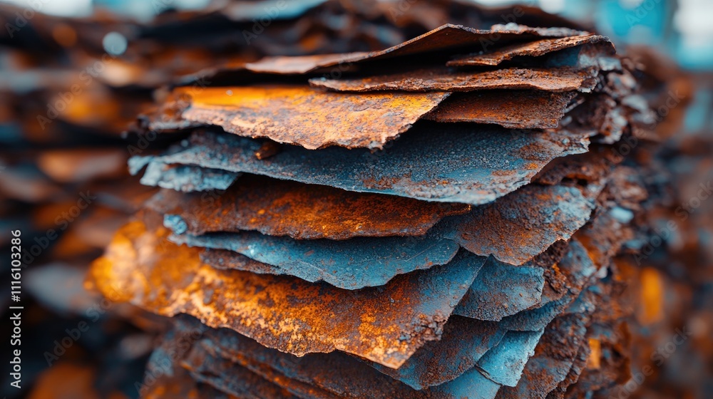 Poster Close up of layered rusted metal sheets showcasing texture and decay in a scrap yard setting