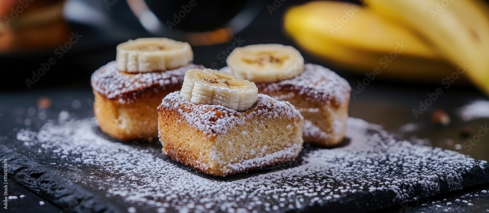 Poster Banana cakes dusted with powdered sugar on a black table with bananas in the background showcasing a delightful dessert presentation