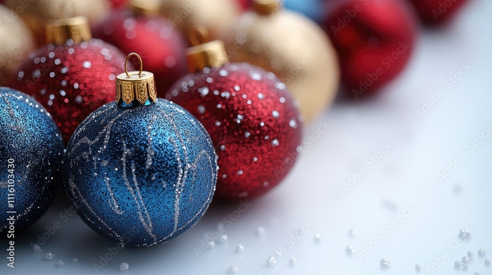 Poster colorful christmas ornaments with a sparkling finish arranged on a white surface creating a festive 