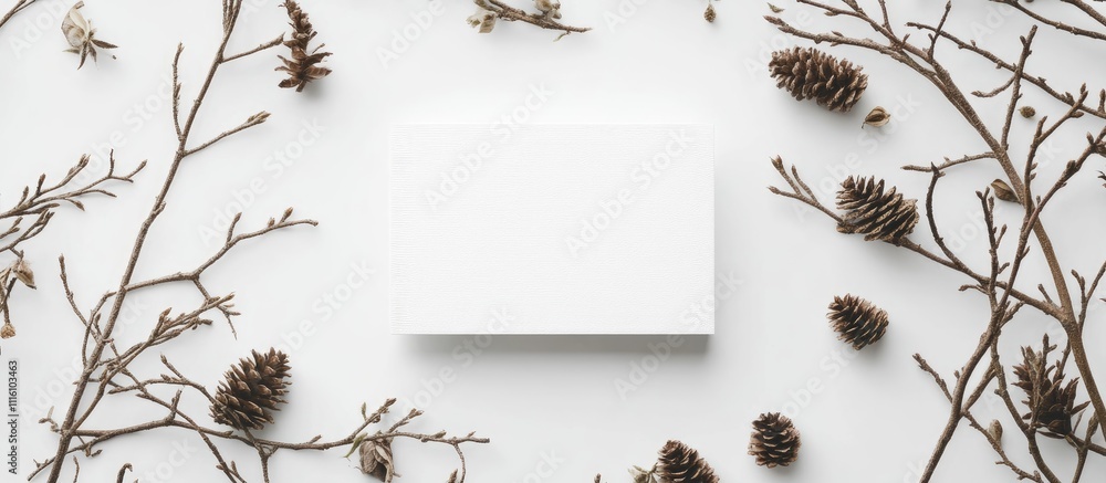 Poster Minimalist invitation card mockup with tree branches and pine cones on a white background ideal for seasonal or nature-themed events